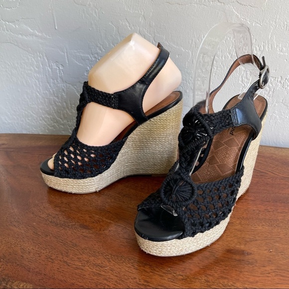 Lucky Brand Shoes - Lucky Brand Rio Black Natural Crochet‎ Platform Wedge Open Toe Sandals Size: 7
